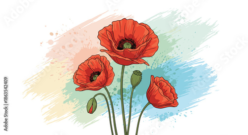 Beautiful hand-drawn red poppy flowers and buds set against a soft and colorful abstract watercolor splash background design.