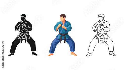 Karate martial arts stance illustration set in black silhouette, full color, and outline styles