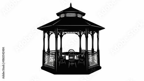 Ornate Victorian Gazebo Structure with Seating Arrangement.