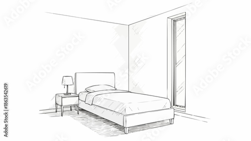 Simple Bedroom Sketch with Single Bed and Nightstand.