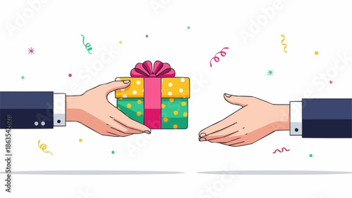Giving a gift box from one hand to another hand.
