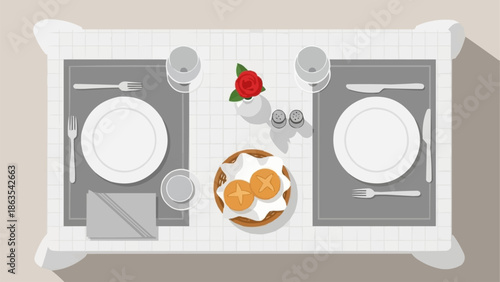 Elegant Table Setting for Two with Fried Eggs and Rose.