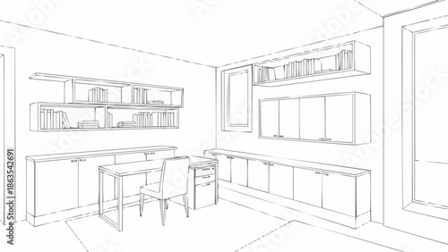 Architectural sketch of a modern office interior design with desk and cabinets.