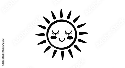 A cute and happy smiling sun character with closed eyes and rosy cheeks, illustrated in a simple black and white doodle style.