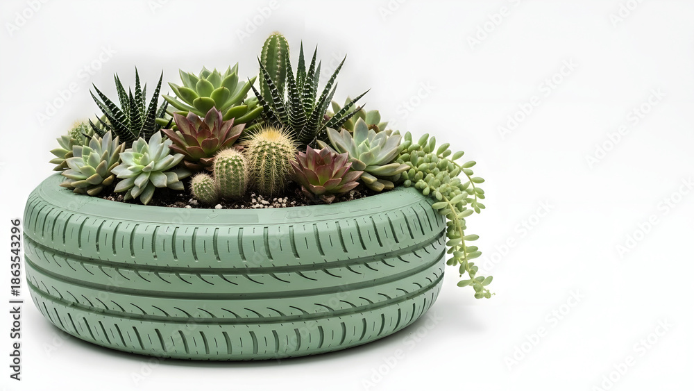 Fototapeta premium Old tire planter filled with succulents in green color 