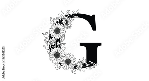 A bold black capital letter G forming a beautiful crescent-shaped floral arrangement with black and white line art sunflowers.