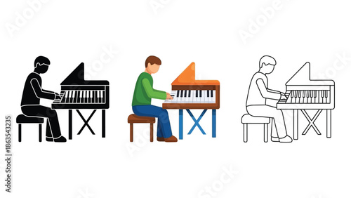 Person playing grand piano icon set in silhouette, color illustration, and outline drawing styles
