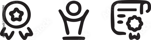 award ribbon badge, winner podium icon, certified document seal