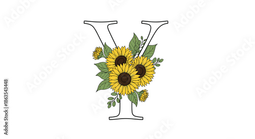 A beautiful and cheerful floral monogram featuring the capital letter Y outlined and filled with yellow sunflowers and green leaves.