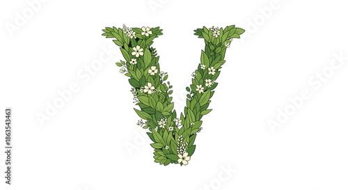 The capital letter V made from a lush arrangement of detailed green leaves and small, delicate white flowers for a natural look.