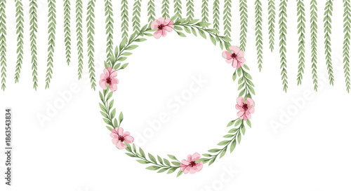 A beautiful watercolor wedding invitation background with a floral wreath and hanging green vines painted in a soft, delicate style.