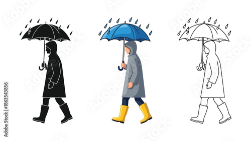 Person walking in rain under umbrella illustration set in silhouette, color, and outline drawing styles