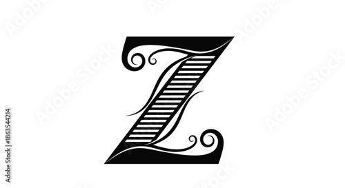 An elegant and ornate vintage-style capital letter Z, featuring intricate swirls and a striped pattern for a classic monogram design.