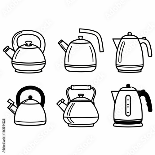 Black and white line art set of six different kettles, including electric and whistling stovetop models, for kitchen appliance icons or illustrations.