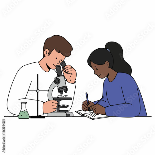 Diverse students conducting scientific research and experiments, observing samples and documenting results.