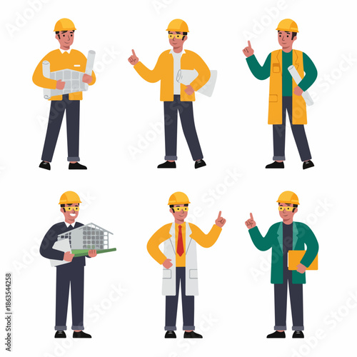 Set of six male engineers or architects illustrations wearing hard hats, holding blueprints, construction plans, and a structure model, isolated vector figures.