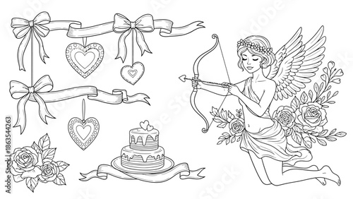 Cherubic figure kneeling with bow and flowers surrounded by hearts and ribbons