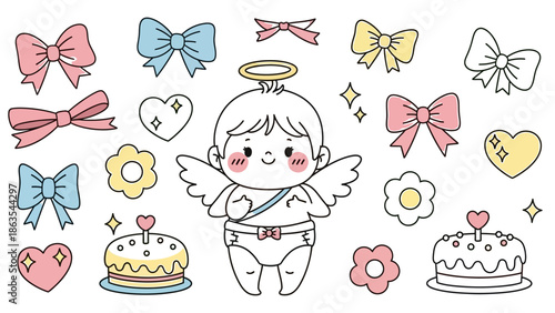 Adorable Angel Surrounded by Bows Hearts and Cakes in a Whimsical Illustration