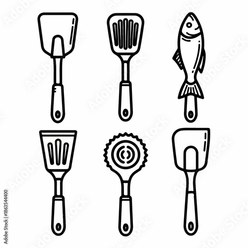 Doodle style icons of kitchen spatulas and turners collection, featuring grilling tools and a fish spatula outline illustration.