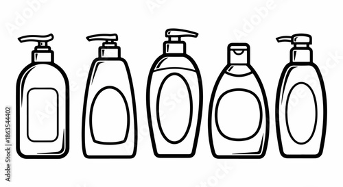 Outline vector set of cosmetic dispenser bottles for liquid soap, lotion, or shampoo, featuring various pump and flip-top designs.