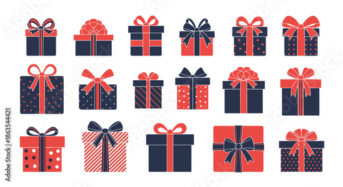 A festive collection of gift boxes and presents in red and dark blue, decorated with various patterned wrapping papers and ribbons.