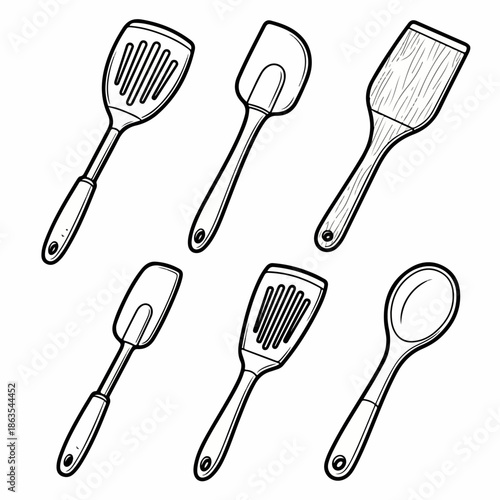 Doodle style black and white illustration set featuring various common kitchen utensils and cooking tools, including spatulas, turners, and a spoon.