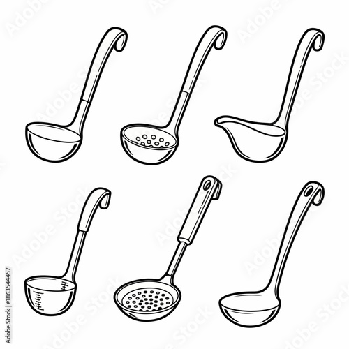 Outline vector collection of six different kitchen ladles and skimmers, including measuring and perforated types, isolated on a white background.