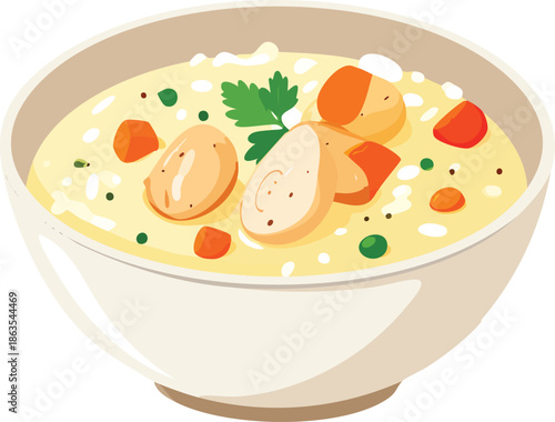 Creamy soup in bowl: A vibrant, culinary image of a steaming bowl of creamy soup, enriched with flavorful vegetables and tender chicken, is a feast for the eyes and a promise of warmth and comfort.