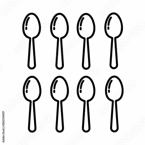 Eight simple black and white outline icons of spoons arranged in two rows, representing cutlery, dessert utensils, or kitchen tools.