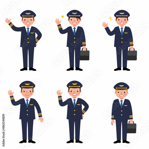 Flat vector set of six friendly male airline pilots in uniform, standing, smiling, and waving, some holding a briefcase, isolated on white background.