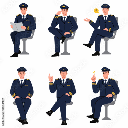 Male Airline Pilot Character Vector Set Showing Six Different Sitting Poses and Expressions: Reading, Thinking, Questioning, and Explaining.