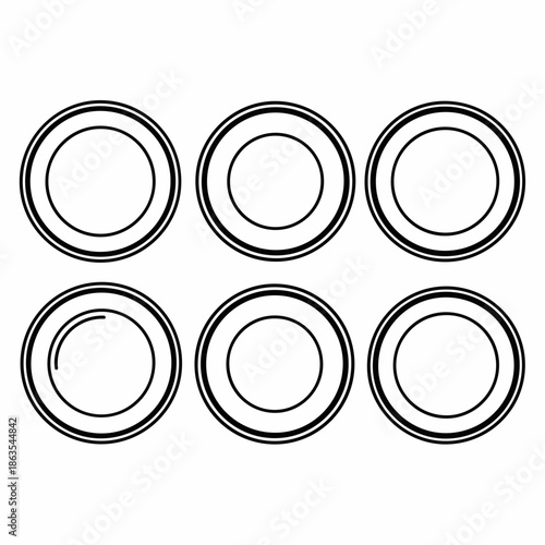 Set of Six Empty Dinner Plates Outline Vector Icons in Black and White for Restaurant or Kitchenware Design.