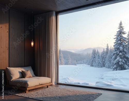 Minimalist living room offers serene winter landscape view from large window. Cozy couch and soft rug invite relaxation by warm indoor light. Snow covered pine trees and hills create peaceful scenery. © Pete
