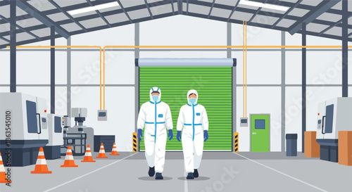 Industrial facility workers in protective suits walk inside a manufacturing plant