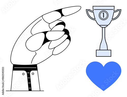 Achievement concept. Achievement illustrated by a pointing hand, trophy, and heart symbol. Achievement promoting success, values, and personal growth. For motivation, recognition goals rewards
