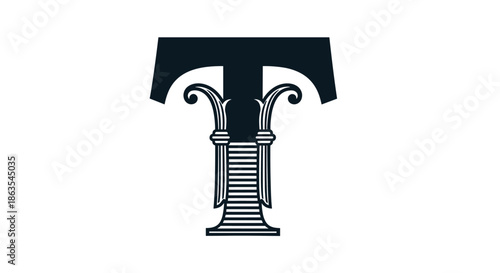 Elegant and classic decorative capital letter T designed with ornate architectural ionic column details for a vintage logo.
