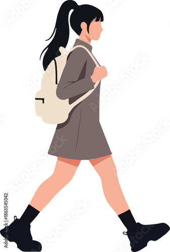 Illustration of a young woman walking with a backpack, showcasing a casual and active lifestyle