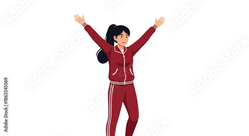 A young woman in a maroon tracksuit, with her arms raised in celebration and a smile on her face, stands against a white background