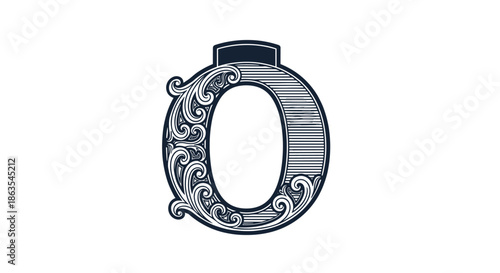 Highly ornate capital letter O in a vintage engraved style, featuring intricate floral swirls and classic line shading.