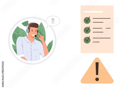 Customer service, support communication, problem resolution, tasks management, alert system, business assistance. Man wearing headset with checklist and warning icon. Customer service and support