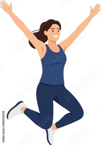 Energetic Woman Jumping for Joy with Arms Raised in Celebration and Happiness