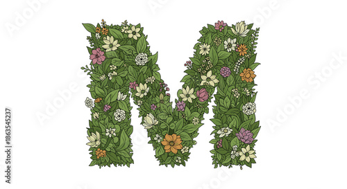 Beautiful capital letter M made from a lush arrangement of green leaves and colorful flowers, creating a floral alphabet design.