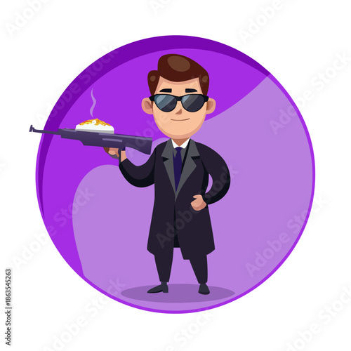 Cartoon flat funny mafia man character in black coat and sunglasses. Boy holding waiter tray, rifle and showing Hello gesture. Ready for animation. Isolated on violet background. Vector ... See More
