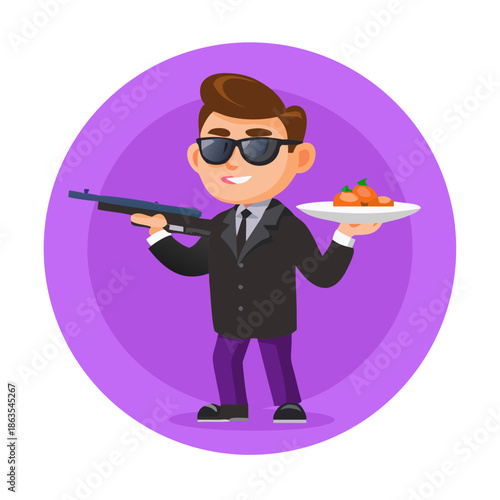 Cartoon flat funny mafia man character in black coat and sunglasses. Boy holding waiter tray, rifle and showing Hello gesture. Ready for animation. Isolated on violet background. Vector ... See More
