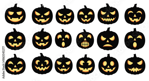 Large set of spooky and funny Halloween jack-o'-lantern silhouettes with glowing faces, showing various scary emotions.