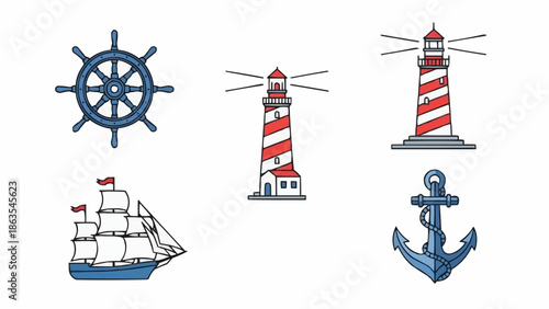 Nautical Icons Collection Featuring Ship Wheel Lighthouse Anchor and Sailboat.