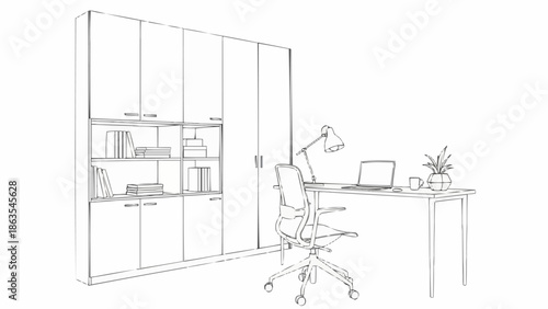 Modern home office interior design sketch with desk and chair.