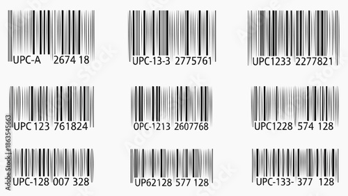 Collection of Various Barcodes with Numbers and Codes.