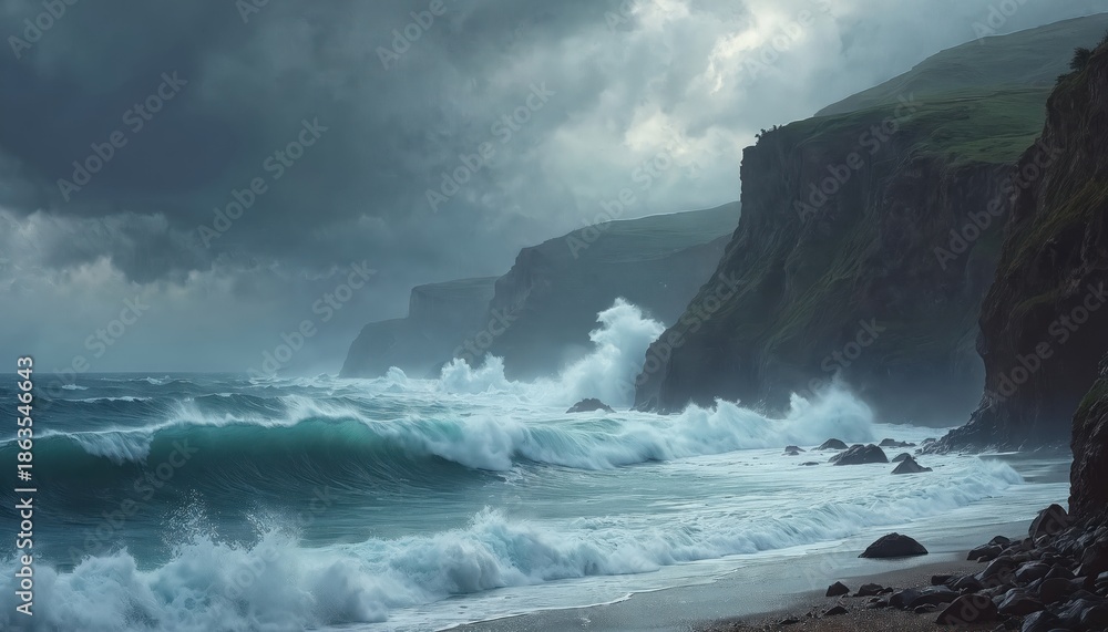 Fototapeta premium Dramatic sea waves crash against rugged cliffs under a stormy sky. The ocean displays raw power with rough waters hitting the shore. Mist and clouds create a wild, intense atmosphere.