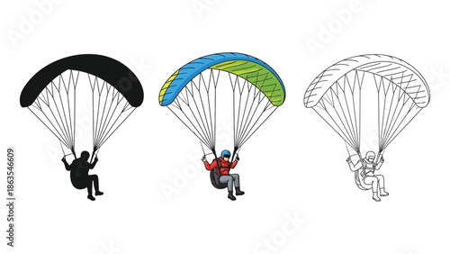 Paragliding person icon set in silhouette, color illustration, and outline sketch styles